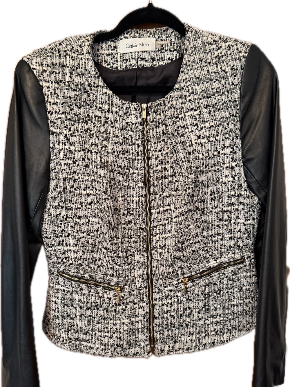 Calvin Klein Black & White Tweed Jacket with Black Faux Leather Sleeves
